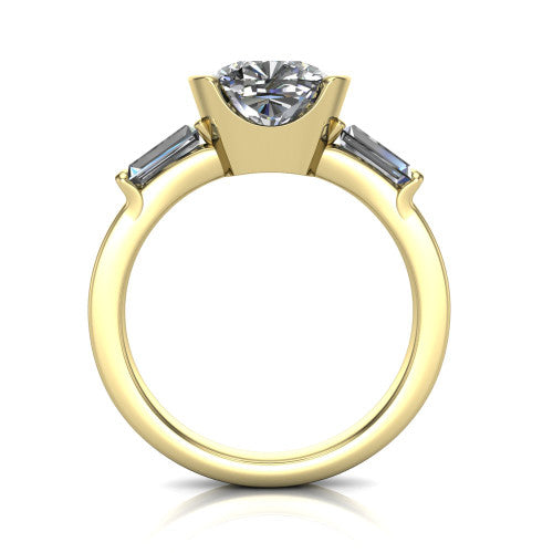 Amanda cushion three stone engagement ring in 14K Yellow Gold, through-finger front profile showing the three-stone head raised above the slim polished shank and trellis gallery