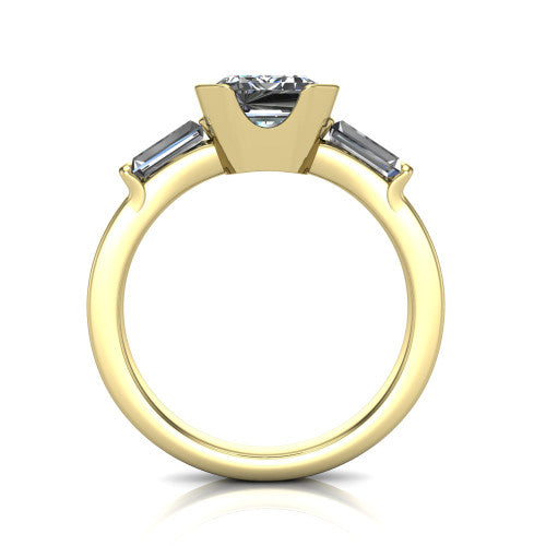 Amanda emerald three stone engagement ring in 14K Yellow Gold, through-finger front profile showing the three-stone head raised above the slim polished shank and trellis gallery
