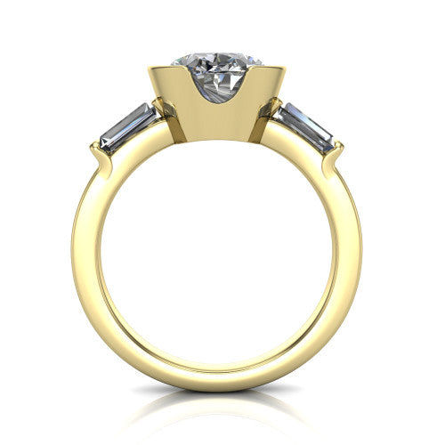 Amanda oval three stone engagement ring in 14K Yellow Gold, through-finger front profile showing the three-stone head raised above the slim polished shank and trellis gallery