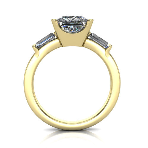 Amanda princess three stone engagement ring in 18K Yellow Gold, through-finger front profile showing the three-stone head raised above the slim polished shank and trellis gallery