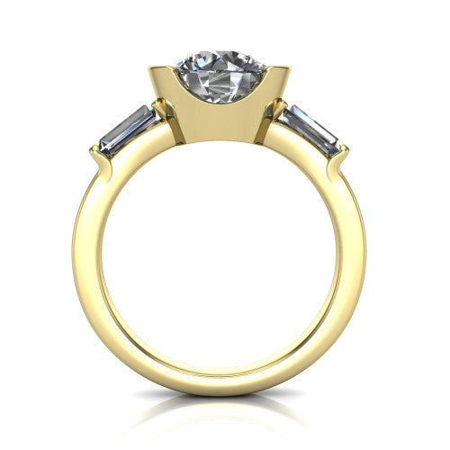 Amanda round three stone engagement ring in 18K Yellow Gold, through-finger front profile showing the three-stone head raised above the slim polished shank and trellis gallery
