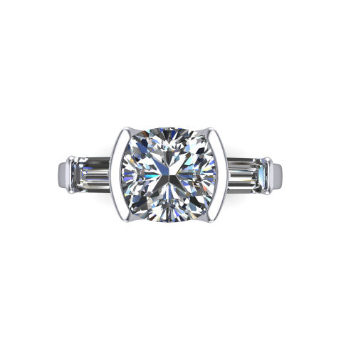 Amanda cushion three stone engagement ring in 14K White Gold, top-down view showing the center diamond flanked by two horizontal tapered baguette side stones