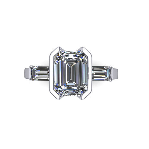 Amanda emerald three stone engagement ring in Platinum, top-down view showing the center diamond flanked by two horizontal tapered baguette side stones
