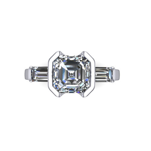 Amanda asscher three stone engagement ring in Platinum, top-down view showing the center diamond flanked by two horizontal tapered baguette side stones