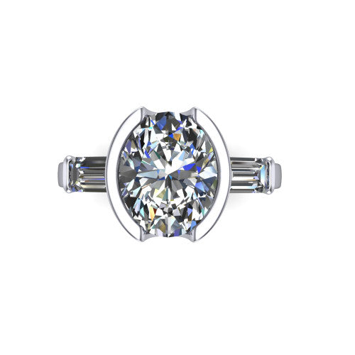 Amanda oval three stone engagement ring in 14K White Gold, top-down view showing the center diamond flanked by two horizontal tapered baguette side stones