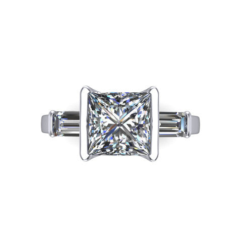 Amanda princess three stone engagement ring in 14K White Gold, top-down view showing the center diamond flanked by two horizontal tapered baguette side stones