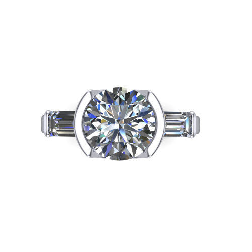 Amanda round three stone engagement ring in 18K White Gold, top-down view showing the center diamond flanked by two horizontal tapered baguette side stones