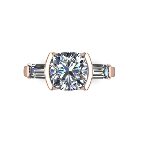 Amanda cushion three stone engagement ring in 14K Rose Gold, top-down view showing the center diamond flanked by two horizontal tapered baguette side stones