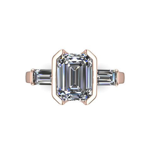 Amanda emerald three stone engagement ring in 18K Rose Gold, top-down view showing the center diamond flanked by two horizontal tapered baguette side stones