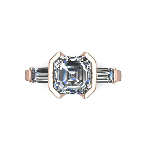 Amanda asscher three stone engagement ring in 14K Rose Gold, top-down view showing the center diamond flanked by two horizontal tapered baguette side stones