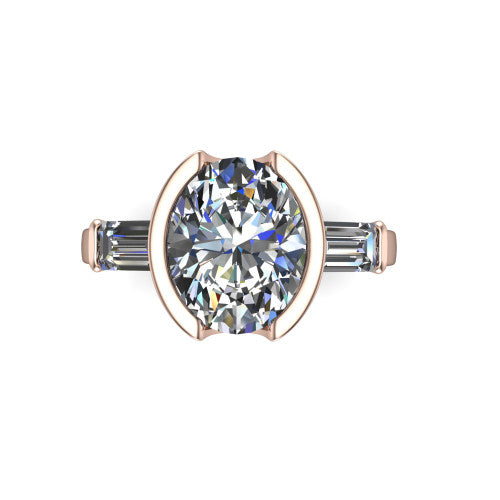 Amanda oval three stone engagement ring in 14K Rose Gold, top-down view showing the center diamond flanked by two horizontal tapered baguette side stones