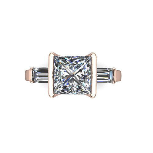 Amanda princess three stone engagement ring in 14K Rose Gold, top-down view showing the center diamond flanked by two horizontal tapered baguette side stones