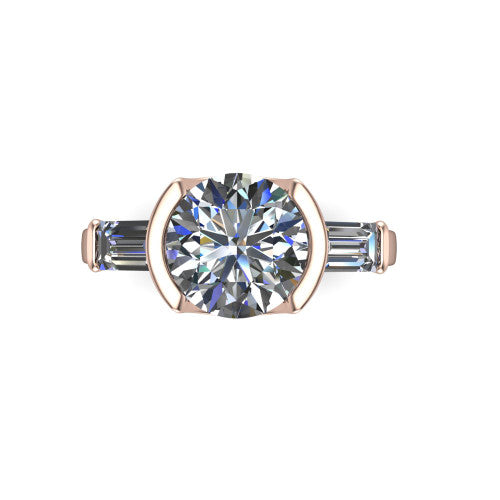 Amanda round three stone engagement ring in 18K Rose Gold, top-down view showing the center diamond flanked by two horizontal tapered baguette side stones