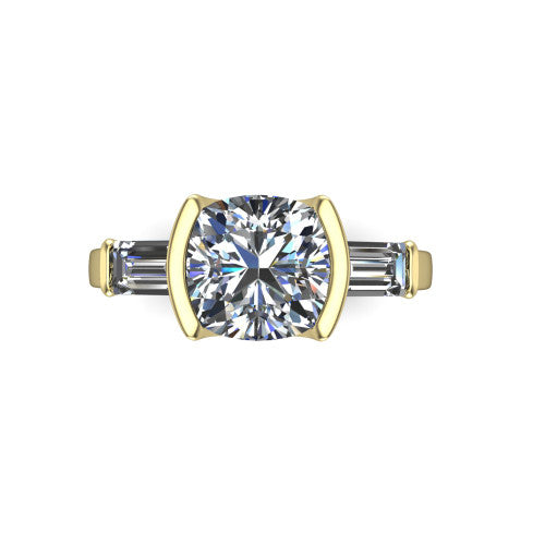 Amanda cushion three stone engagement ring in 18K Yellow Gold, top-down view showing the center diamond flanked by two horizontal tapered baguette side stones