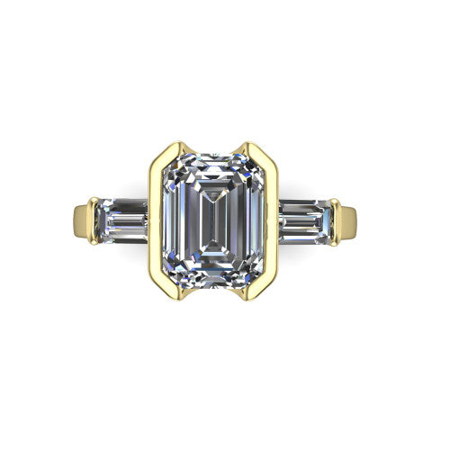 Amanda emerald three stone engagement ring in 18K Yellow Gold, top-down view showing the center diamond flanked by two horizontal tapered baguette side stones