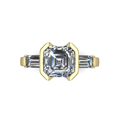 Amanda asscher three stone engagement ring in 14K Yellow Gold, top-down view showing the center diamond flanked by two horizontal tapered baguette side stones