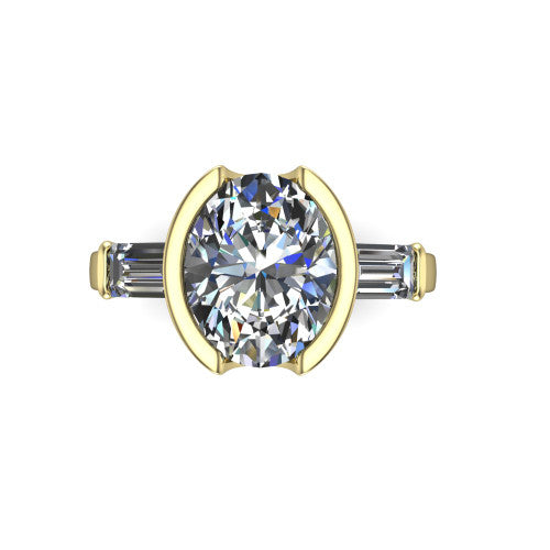 Amanda oval three stone engagement ring in 18K Yellow Gold, top-down view showing the center diamond flanked by two horizontal tapered baguette side stones