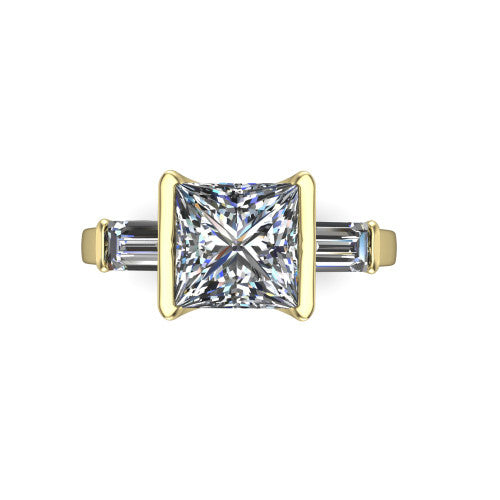 Amanda princess three stone engagement ring in 14K Yellow Gold, top-down view showing the center diamond flanked by two horizontal tapered baguette side stones
