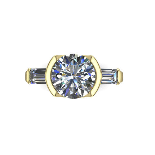 Amanda round three stone engagement ring in 14K Yellow Gold, top-down view showing the center diamond flanked by two horizontal tapered baguette side stones