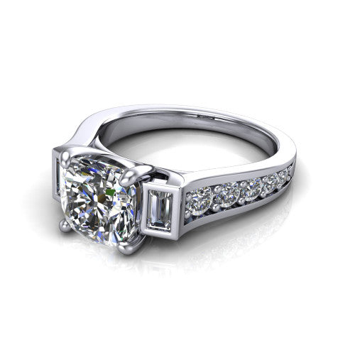 Estella cushion three stone engagement ring in 14K White Gold, three-quarter perspective showing the center diamond between two tapered baguette side stones above a pav&eacute; band