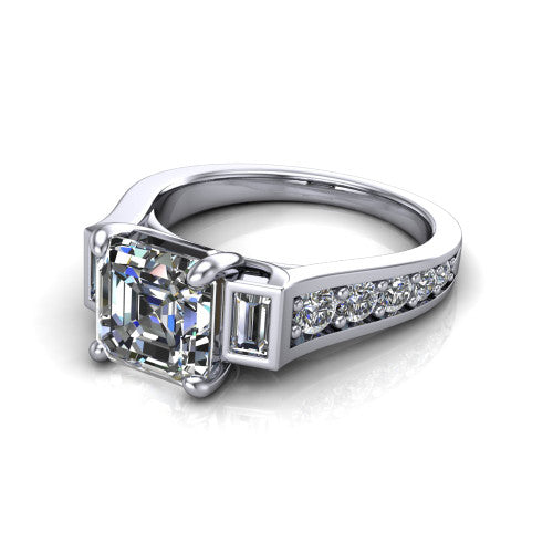 Estella asscher three stone engagement ring in 18K White Gold, three-quarter perspective showing the center diamond between two tapered baguette side stones above a pav&eacute; band