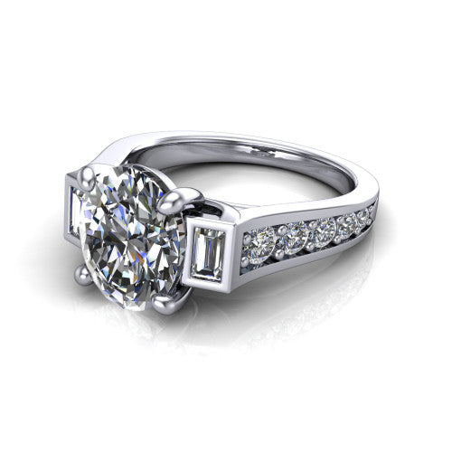 Estella oval three stone engagement ring in 14K White Gold, three-quarter perspective showing the center diamond between two tapered baguette side stones above a pav&eacute; band