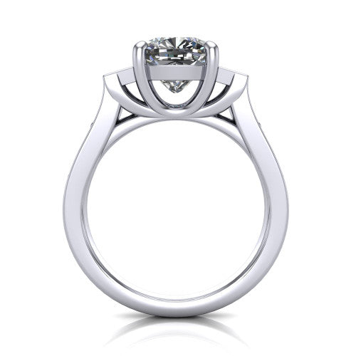 Estella cushion three stone engagement ring in 18K White Gold, through-finger front profile showing the three-stone head raised above the pav&eacute; band