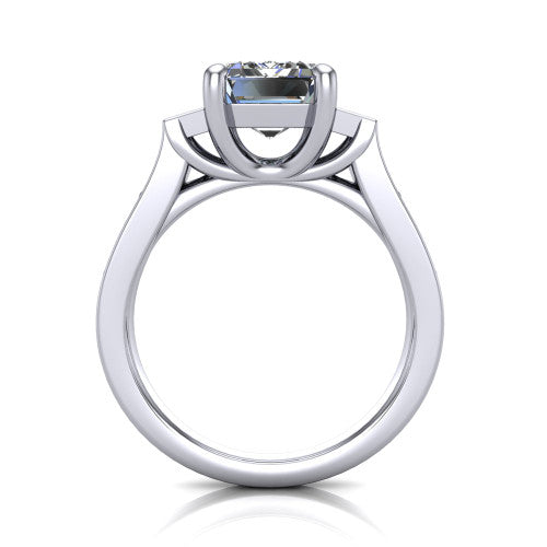 Estella emerald three stone engagement ring in 14K White Gold, through-finger front profile showing the three-stone head raised above the pav&eacute; band
