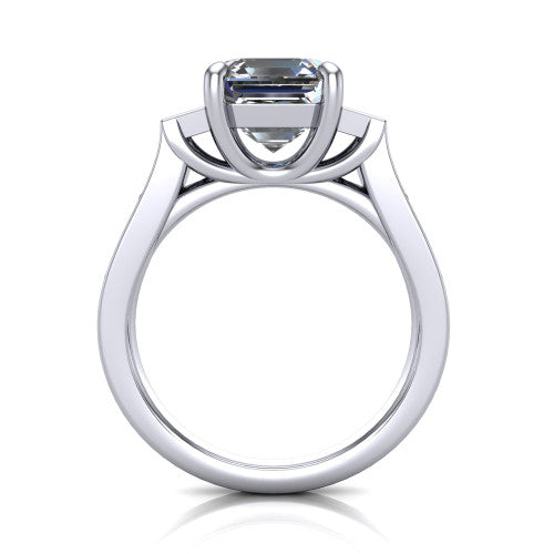 Estella asscher three stone engagement ring in Platinum, through-finger front profile showing the three-stone head raised above the pav&eacute; band