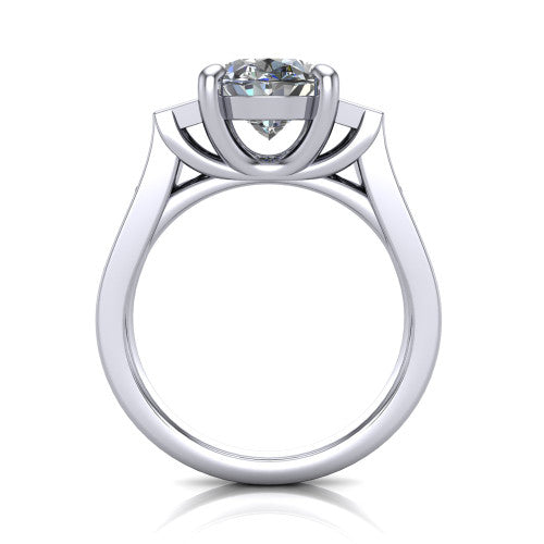 Estella oval three stone engagement ring in 14K White Gold, through-finger front profile showing the three-stone head raised above the pav&eacute; band