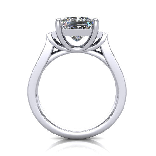 Estella princess three stone engagement ring in 18K White Gold, through-finger front profile showing the three-stone head raised above the pav&eacute; band