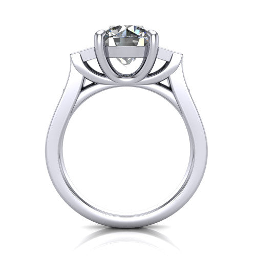 Estella round three stone engagement ring in 14K White Gold, through-finger front profile showing the three-stone head raised above the pav&eacute; band