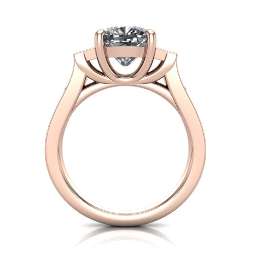 Estella cushion three stone engagement ring in 14K Rose Gold, through-finger front profile showing the three-stone head raised above the pav&eacute; band