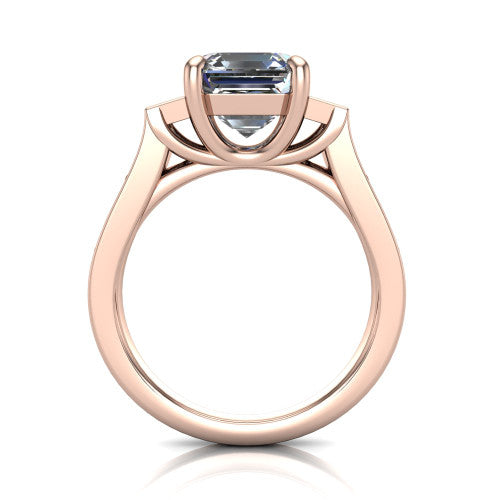 Estella asscher three stone engagement ring in 14K Rose Gold, through-finger front profile showing the three-stone head raised above the pav&eacute; band