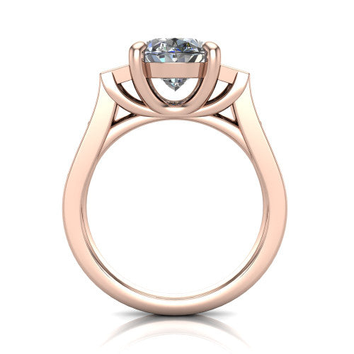 Estella oval three stone engagement ring in 18K Rose Gold, through-finger front profile showing the three-stone head raised above the pav&eacute; band