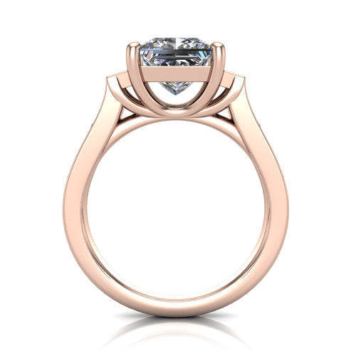 Estella princess three stone engagement ring in 18K Rose Gold, through-finger front profile showing the three-stone head raised above the pav&eacute; band