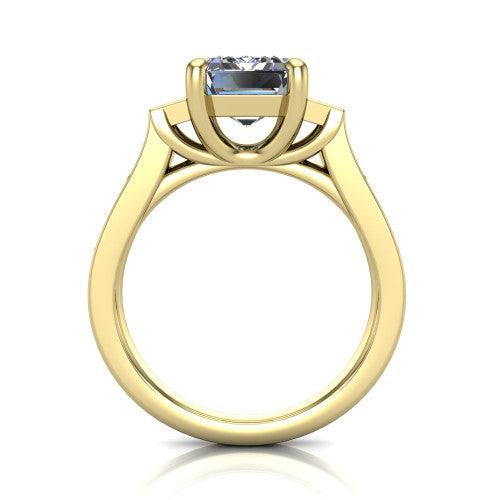 Estella emerald three stone engagement ring in 14K Yellow Gold, through-finger front profile showing the three-stone head raised above the pav&eacute; band