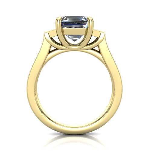 Estella asscher three stone engagement ring in 18K Yellow Gold, through-finger front profile showing the three-stone head raised above the pav&eacute; band