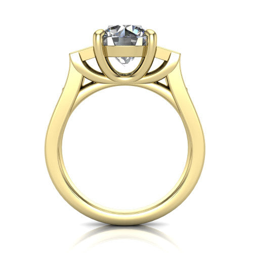 Estella round three stone engagement ring in 18K Yellow Gold, through-finger front profile showing the three-stone head raised above the pav&eacute; band