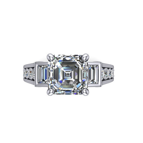 Estella asscher three stone engagement ring in Platinum, top-down view showing the center diamond flanked by two tapered baguette side stones over a diamond-set shank