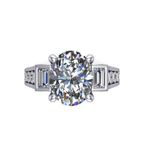 Estella oval three stone engagement ring in Platinum, top-down view showing the center diamond flanked by two tapered baguette side stones over a diamond-set shank