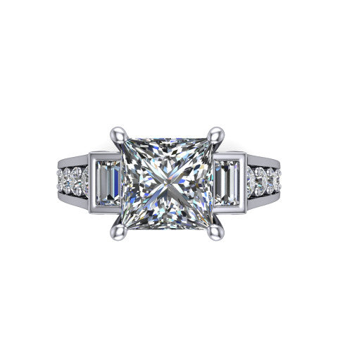Estella princess three stone engagement ring in Platinum, top-down view showing the center diamond flanked by two tapered baguette side stones over a diamond-set shank