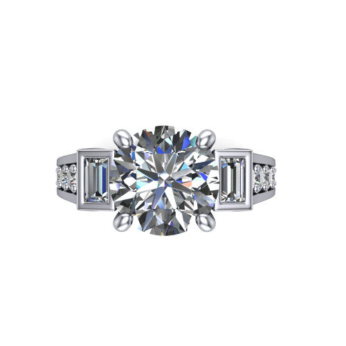 Estella round three stone engagement ring in Platinum, top-down view showing the center diamond flanked by two tapered baguette side stones over a diamond-set shank