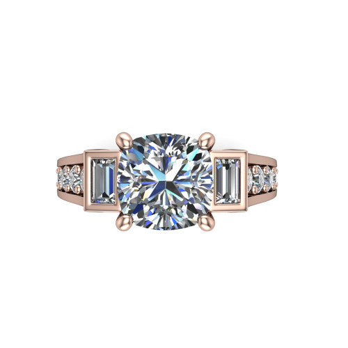 Estella cushion three stone engagement ring in 18K Rose Gold, top-down view showing the center diamond flanked by two tapered baguette side stones over a diamond-set shank