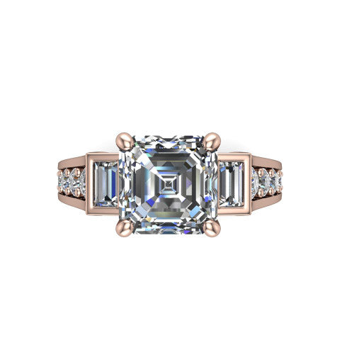 Estella asscher three stone engagement ring in 18K Rose Gold, top-down view showing the center diamond flanked by two tapered baguette side stones over a diamond-set shank