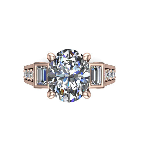 Estella oval three stone engagement ring in 14K Rose Gold, top-down view showing the center diamond flanked by two tapered baguette side stones over a diamond-set shank