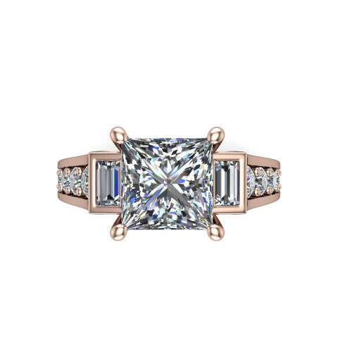 Estella princess three stone engagement ring in 18K Rose Gold, top-down view showing the center diamond flanked by two tapered baguette side stones over a diamond-set shank