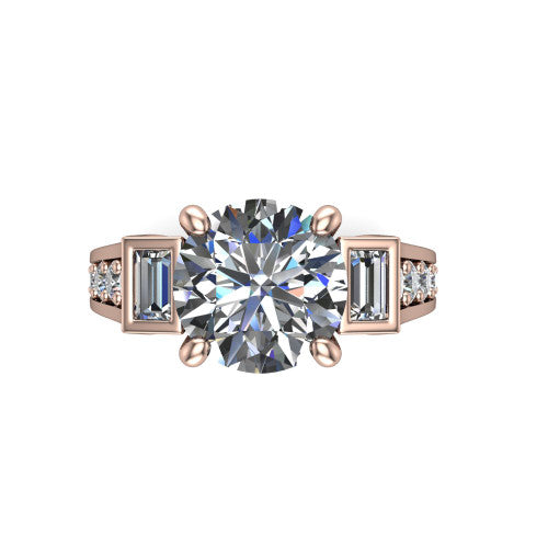 Estella round three stone engagement ring in 14K Rose Gold, top-down view showing the center diamond flanked by two tapered baguette side stones over a diamond-set shank