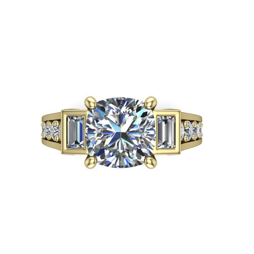 Estella cushion three stone engagement ring in 14K Yellow Gold, top-down view showing the center diamond flanked by two tapered baguette side stones over a diamond-set shank
