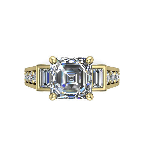 Estella asscher three stone engagement ring in 14K Yellow Gold, top-down view showing the center diamond flanked by two tapered baguette side stones over a diamond-set shank
